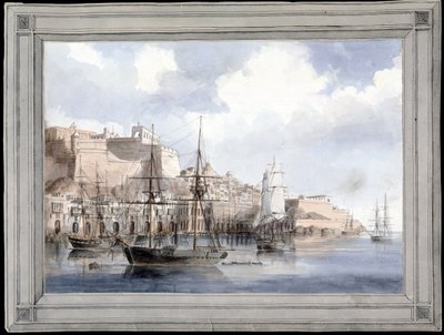 Vue de Malte (Näkymä Maltalle) (Vallettan suuri satama Sant Angelon linnoituksella) - Charles Andrew Dycen (1816-1853) maalaus, akvarelli paperille (25,1 x 34,9 cm), noin 1849 - Yalen yliopisto (USA) tekijältä Charles Andrew Dyce