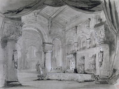 Lavastus palatsin sisustuksesta Giuseppe Verdin (1813-1901) oopperan "Macbeth" esitykseen Theatre Lyriquessa, Chatelet, 1865 (hiili ja valkoinen liitu paperille) tekijältä Charles Antoine Cambon