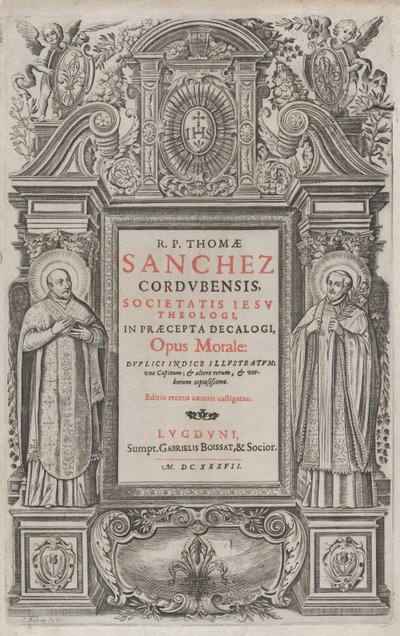 Etukappale teokselle "Opus morale in the Precepts of the Decalogue", 1637. tekijältä Charles Audran