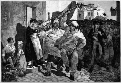 Asepalvelus: arpa Burgundiassa, varusmiehet lähellä Maconia. Montbartin kaiverrus kirjaan "" The Illustrous World"" nro 1299, 18. helmikuuta 1882. tekijältä Charles Auguste Loye