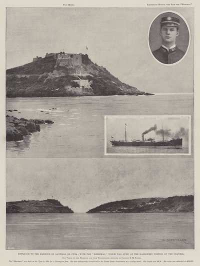 Sisäänkäynti Santiago de Cuban satamaan; Merrimacin kanssa, joka upposi kanavan kapeimmassa osassa tekijältä Charles Auguste Loye