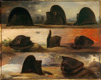 Napoleon I:n aikakaudet tai Napoleonin elämä kahdeksassa hatussa. Charles Auguste Steubenin (1788-1856) maalaus Ec. Kaikki, v. 1826. Öljy kankaalle. Mitat: 0,26 x 0,29 m. Malmaison, Musee du Chateau tekijältä Charles Auguste Steuben