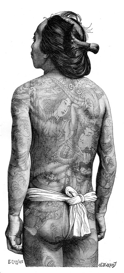 Japanilainen mies, jolla on tatuoitu selkä, 1895. tekijältä Charles Barbant