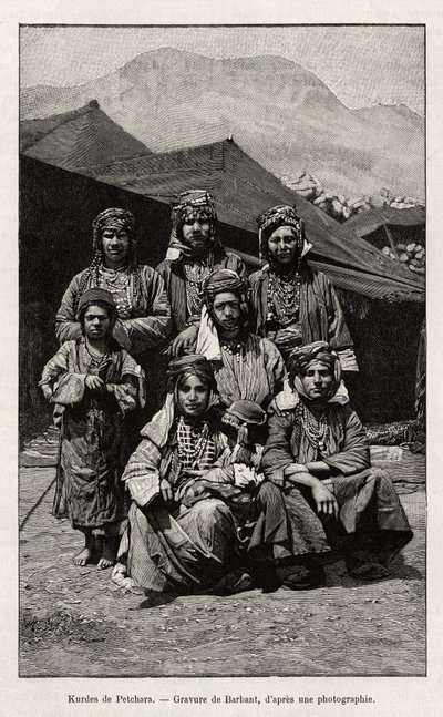 Petcharan kurdit (Turkki). Barbantin kaiverrus havainnollistamaan Madame B. Chantren tarinaa "Häpi Venäjän Armenian, Karabaghin, Araxin laakson, Araratin vuoriston" Le tour du Mondessa 1892, ohjaajana Edouard Charton (1807-1891), Hachette, Pariisi. tekijältä Charles Barbant