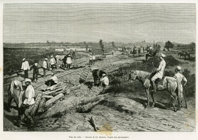 Transkaspian kiskojen laskeminen. Kaiverrus Ch. Barbant havainnollistaa Edgar Boulangerin tarinaa Voyage a Merv, in le tour du monde 1887, ohjaaja Edouard Charton (1807-1890), Hachette, Paris. tekijältä Charles Barbant