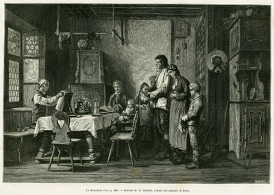 Benediciitti. Barbant-kaiverrus Brionin maalauksen jälkeen havainnollistamaan tarinaa A Through Alsace and Lorraine, Charles Grad, saksalainen deputer, vuonna 1884, tour du monde 1886, ohjaaja Edouard Charton (1807-1890), Hachette, Paris. tekijältä Charles Barbant