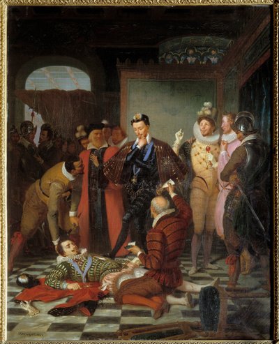Henrik III Ranskan kuningas työntää Henri I Lorraine, Guisen herttua nimeltä Balafre (1550-1588) hänen salamurhansa jälkeen Bloisin linnassa tekijältä Charles Barthelemy Durupt