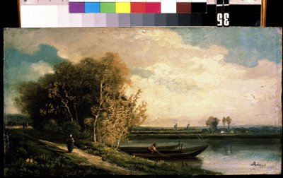 ""La berge"" (rannikko) Joenvarsimaisema kalastajan ja talonpojan kanssa. Charles Barthelemy Jean Durupt (1804-1838) maalaus 1800-luvun Mihail Kroshitskyn taidemuseo, Sevastopol (Sevastopol) Ukraina tekijältä Charles Barthelemy Durupt