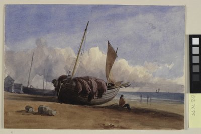 Rannalla oleva kalastusvene istuva kalastaja tekijältä Charles Bentley