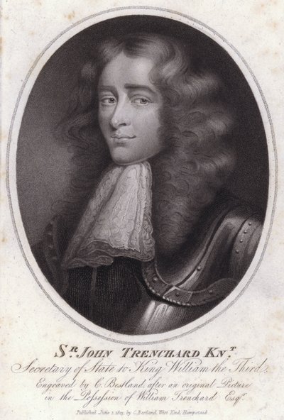 Sir John Trenchard, englantilainen poliitikko ja pohjoisen osaston valtiosihteeri kuningas William III:n alaisuudessa (kaiverrus) tekijältä Charles Bestland