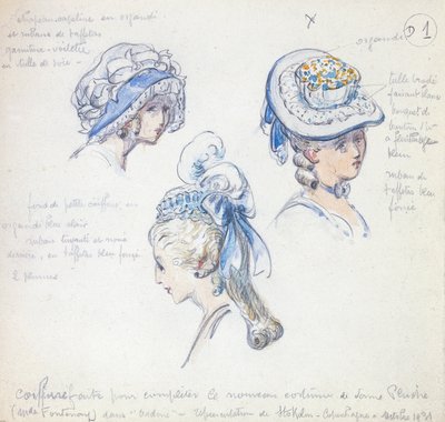Kampaukset ja päähineet Camillen roolia varten Alfred de Musset