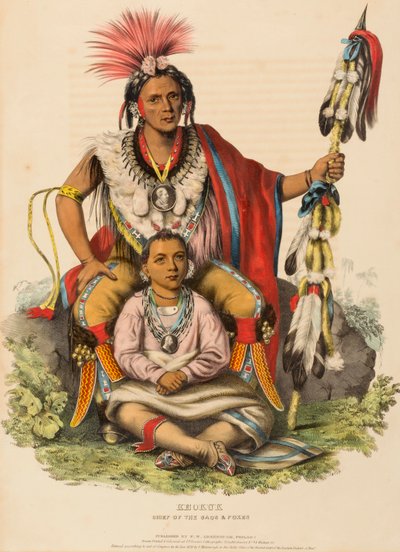 KEOKUK. SACSIEN JA FOXIEN PÄÄLLIKKÖ., kirjasta History of the Indian Tribes of North America. tekijältä Charles Bird King