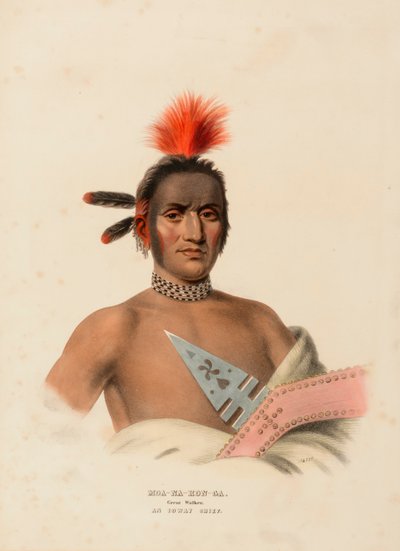 MOA-NA-HON-GA. SUURI KÄVELIJÄ. AN IOWAY CHIEF., kirjasta History of the Indian Tribes of North America. tekijältä Charles Bird King