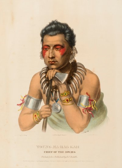 NUORI MA-HAS-KAH. IOWAYSin päällikkö, kirjasta History of the Indian Tribes of North America. tekijältä Charles Bird King