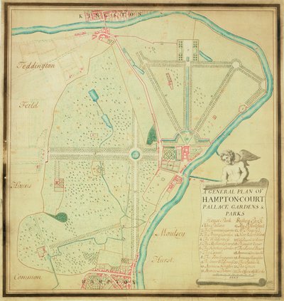 Hampton Courtin palatsin puutarhojen ja puistojen yleissuunnitelma, n. 1713 (kynä ja muste ja wc paperilla) tekijältä Charles Bridgeman