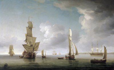 Merenkulku Thamesin suistossa (Englanti), suuri valikoima veneitä ja kuvaus Englannin rannikosta. Öljy kankaalle tekijältä Charles Brooking