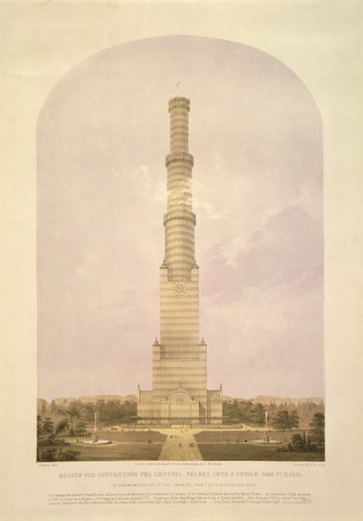 Suunnittelu Crystal Palacen muuttamiseksi 1000 jalkaa korkeaksi torniksi, pubiksi. Ackermann und Co., 1852 tekijältä Charles Burton