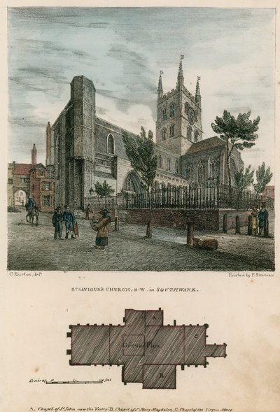 Pyhän Vapahtajan kirkko, Southwark, Surrey, luoteisnäkymä tekijältä Charles Burton