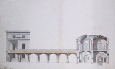 Akaattipaviljongin ja riippupuutarhan poikkileikkaus Tsarskoje Selossa, n. 1780 (kynä ja muste wc:llä paperilla) tekijältä Charles Cameron