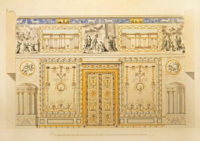 Oven seinän kohotus, Lyonin salonki, Katariinan palatsi Tsarskoje Selossa, 1780-luvun alku (kynä, sivellin, intialainen muste ja akvarelli paperille) tekijältä Charles Cameron