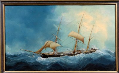 Kolmimaton purjevene lennossa Charles Cheri Dubreuil (Cheri-Dubreuil) (1828-1880) maalaus 1865 - Fecamp. Musee Des Terre Neuvas - Kolmimastoinen alus pakenemassa. Charles Dubreuilin maalaus (1800-luku) tekijältä Charles Cheri Dubreuil