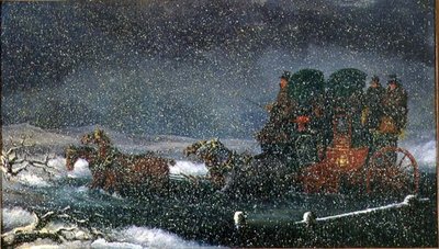 Stagecoach pyörittelee virtaa lumimyrskyssä (öljy kankaalle) tekijältä Charles Cooper Henderson