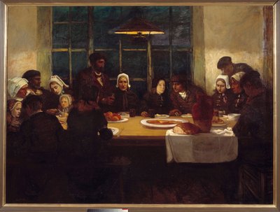 Jäähyväiset meren maassa Bretonien perhe kokoontui pöydän ympärille. Charles Cottetin (1863-1924) triptyqyen keskipaneeli. 1898 Su. 1,76x2,37 m Pariisi, museo d