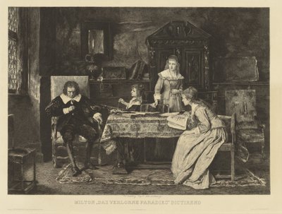 Milton, joka istuu nojatuolissa, sanelee yhdelle tyttärelleen menetettyään paratiisinsa. R.r.h.:ssa Munkacsy vuonna 1878. Reunassa: Ch. Courty d