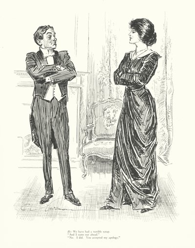 Hän: Meillä on ollut kauhea riita. "Ja minä voitin." "Ei. Minä voitin. Hyväksyit anteeksipyyntöni." (litografia) tekijältä Charles Dana Gibson