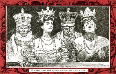 Jos naiset näyttävät kuningattareilta, miksi eivät miehet kuin kuninkaat (väri litho) tekijältä Charles Dana Gibson