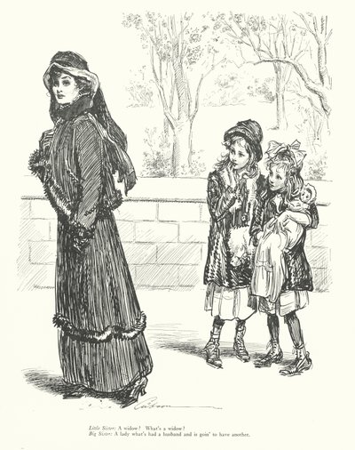 Pikkusisko: Leski Mikä on leski Isosisko: Leski: Nainen, jolla on ollut aviomies ja joka aikoo saada toisen (litho). tekijältä Charles Dana Gibson