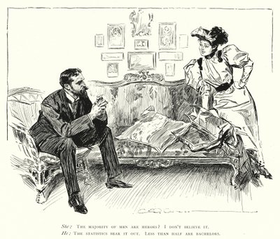 Miehet ovat sankareita - alle puolet poikamiehistä (litho) tekijältä Charles Dana Gibson