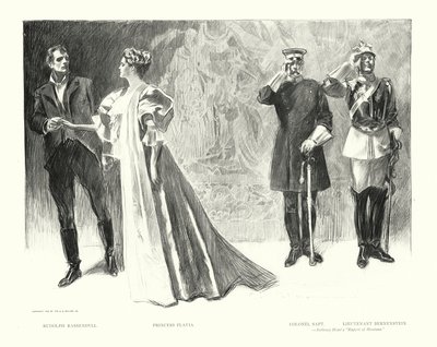 Rudolph Rassendyll, prinsessa Flavia, eversti Sapt, luutnantti Bernenstein (litografia). tekijältä Charles Dana Gibson
