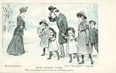 Nainen kohtaamassa miehen, josta hän kieltäytyi avioliitossa ja joka vannoi, ettei hän koskaan mene naimisiin (väri litho) tekijältä Charles Dana Gibson