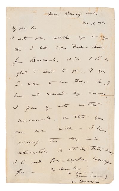 Nimikirjoituskirje allekirjoitettu tekijältä Charles Darwin