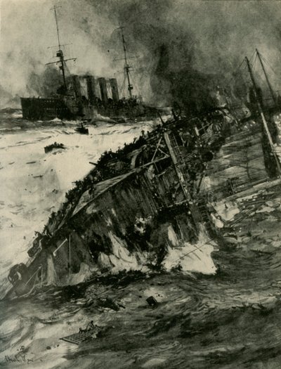 HMS Aboukirin uppoaminen, ensimmäinen maailmansota, 22. syyskuuta 1914, c1920. tekijältä Charles Dixon