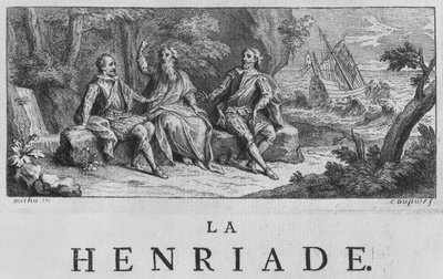 Etukappaleen kuva Voltairen (1694-1778) "La Henriadesta" 1728 tekijältä Charles Dupuis