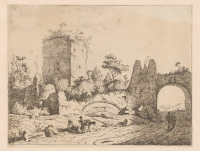 Maisema, jossa on tornin ja portin rauniot Printtejä, joissa on rauniot maisemissa (sarjan nimi) Cahier de ruines et de paysages (sarjan nimi) tekijältä Charles Echard (attributed to)