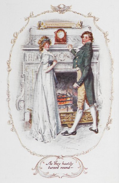 Kun he kiireesti kääntyivät ympäri - kuvitus Jane Austenin teoksesta "Ylpeys ja ennakkoluulo" (värinen lito) tekijältä Charles Edmund Brock