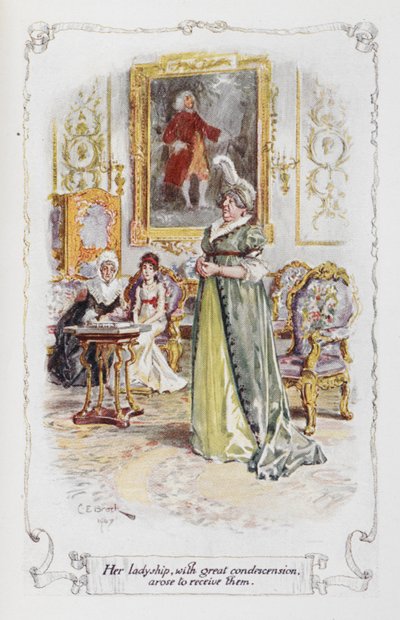 Hänen rouvansa, suurella alentuvalla asenteella, nousi vastaanottamaan ne, kuvitus Jane Austenin teoksesta "Ylpeys ja ennakkoluulo" (värilitho) tekijältä Charles Edmund Brock