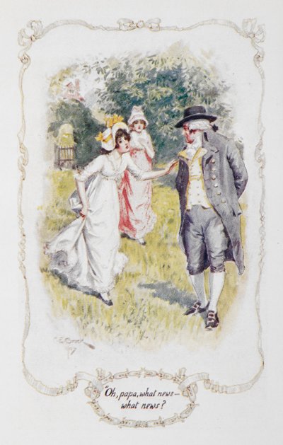 "Voi isä, mitä uutisia - mitä uutisia?", kuva Jane Austenin Pride and Prejudice -kappaleeseen tekijältä Charles Edmund Brock