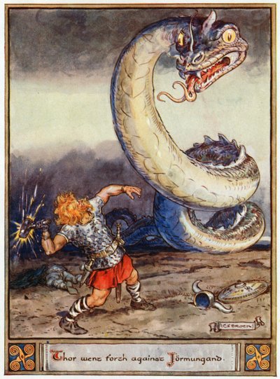 "Thor meni Jormungandia vastaan", kuvitus teoksesta "Asgardin sankarit, tarinoita Scandinavian Mythologysta", kirjoittanut A und E Keary, 1930 tekijältä Charles Edmund Brock