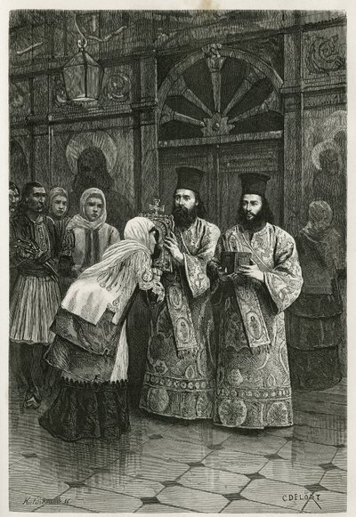 Pritres suutelemassa pyhiä kuvia, Ch.Delortin kaiverrus havainnollistamaan Henri Bellen matkaa Kreikkaan vuosina 1861, 1868 ja 1874, julkaistu tour du monde -lehdessä Edouard Chartonin johdolla. tekijältä Charles Edouard Delort
