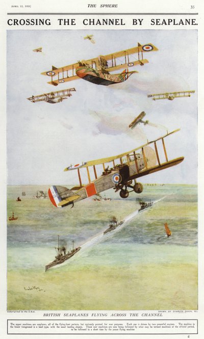 Brittiläiset vesilentokoneet lentävät Englannin kanaalin yli (värilitho) tekijältä Charles Edward (after) Dixon