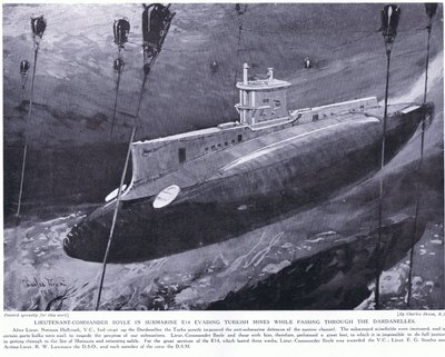 Komentajaluutnantti Boyle sai VC:n, koska hän vältti turkkilaisia miinoja sukellusveneessään kulkiessaan Dardanellien läpi vuonna 1915 tekijältä Charles Edward Dixon