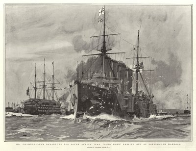 Mr Chamberlainin lähtö Etelä-Afrikkaan, H M S Good Hope poistumassa Portsmouthin satamasta tekijältä Charles Edward Dixon