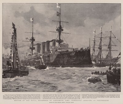 Ladysmithin merivoimien puolustajien paluu, HMS Powerful saapuu Portsmouthiin. tekijältä Charles Edward Dixon