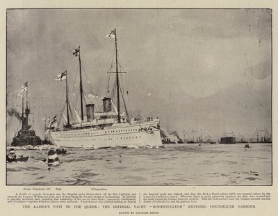 Keisarin vierailu kuningattaren luona, keisarillinen jahti Hohenzollern saapuu Portsmouthin satamaan. tekijältä Charles Edward Dixon