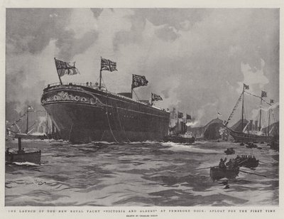 Uuden Royal Yacht Victoria and Albert laukaisu Pembroke Dockissa, pinnalla ensimmäistä kertaa tekijältä Charles Edward Dixon