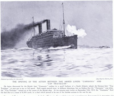 Carmania- ja Cap Trafalgar -alusten välinen alkutaistelu, Etelä-Atlantti, syyskuu 1915. tekijältä Charles Edward Dixon